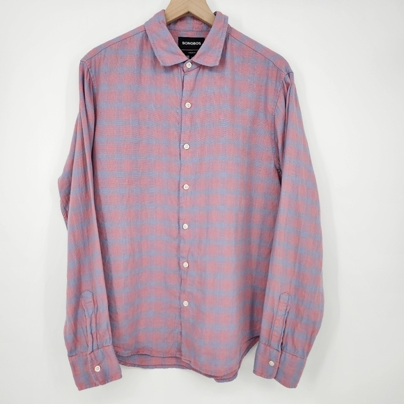 Bonobos Mens Button Down Shirt Size M Pink Blue Plaid Linen Blend Standard Fit - Picture 2 of 8